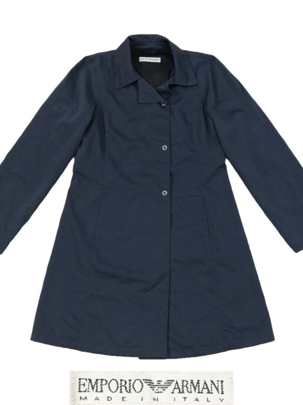 Emporio Armani Navy Blue Rain Coat Womens 38, Made in Italy, Nylon Blend Trench